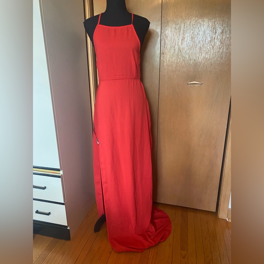Long red tie up back dress